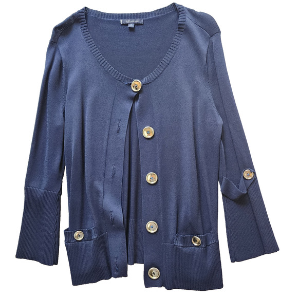 Anne Klein Cardigan Medium Navy Button Up Half Sleeve Sweater Career Office - Picture 1 of 9